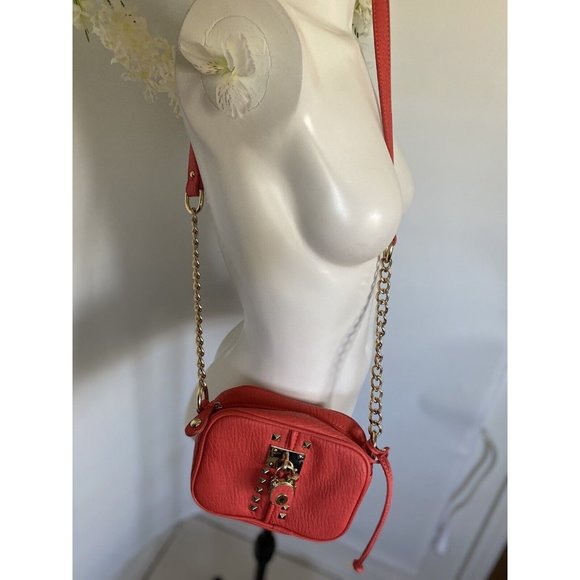 Vtg Crossbody Bag Orange Purse Partial Chain Strap Small Locket Studs Accents - Picture 4 of 16